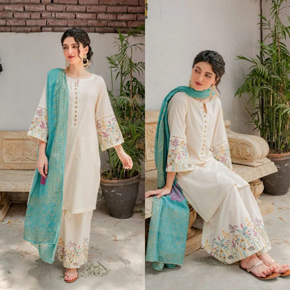 SC-882 Off White Embroidered Dhanak 3pc Wt