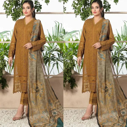 Chikenkari D-762 Musturd Dhanak Embroidered 3pc